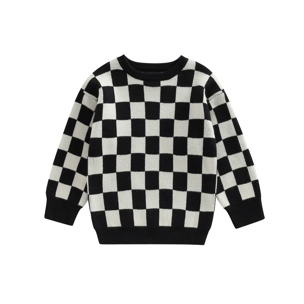 Kids Baby Sweaters, Long Sleeve Checkerboard Print Knit Tops