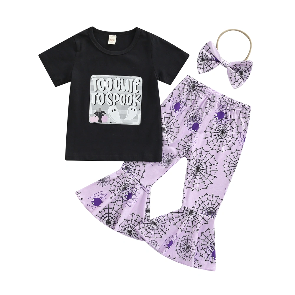 Girls Halloween Outfit, T-Shirt + Print Bell-Bottoms + Hairband Set