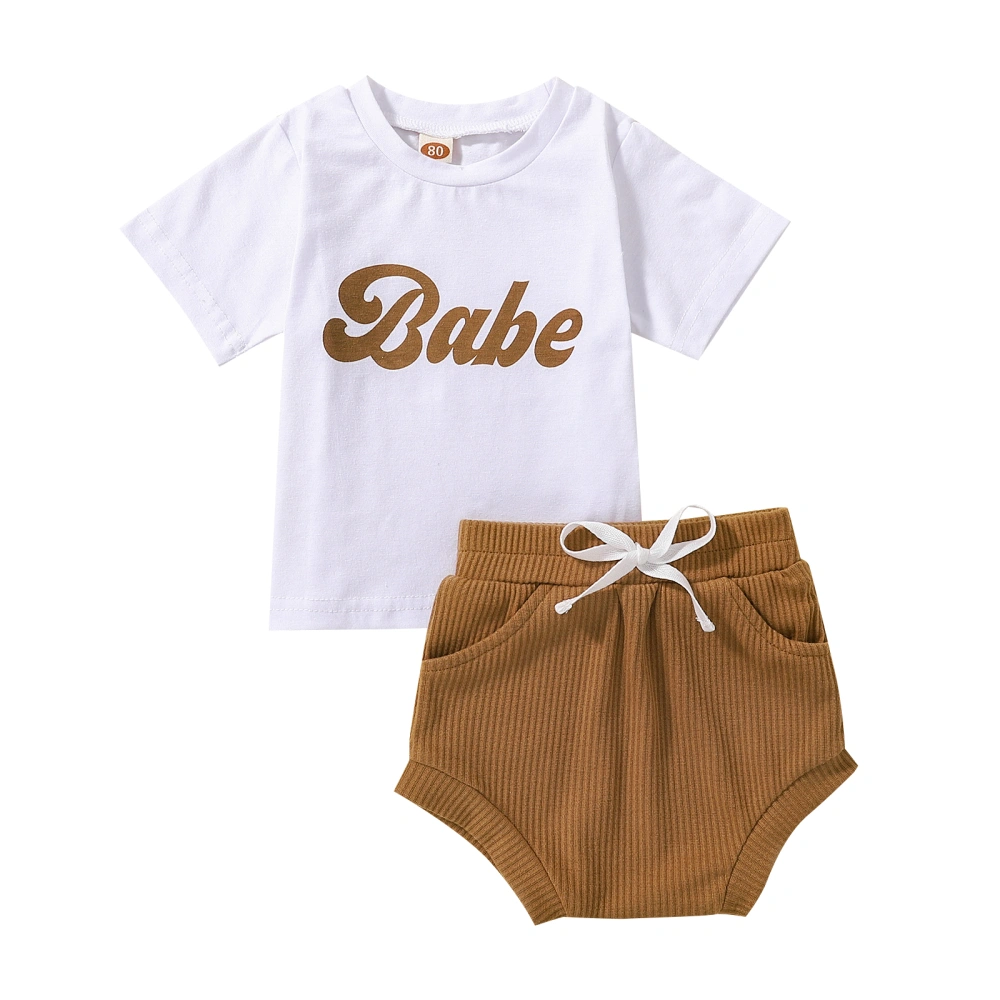 Kids 2PCS Outfit Set, Short Sleeve Letter Tops, Solid Color Shorts