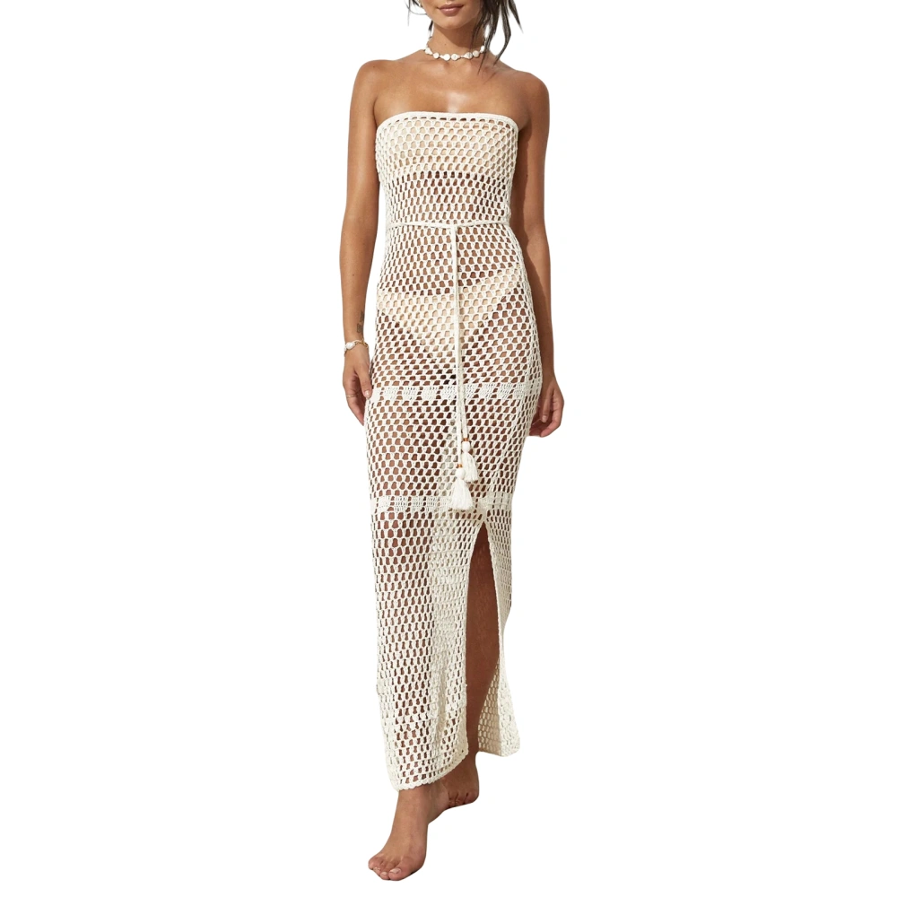 Women's Crochet Bikini Cover Ups, Strapless Hollow Out Tie Waist Dress