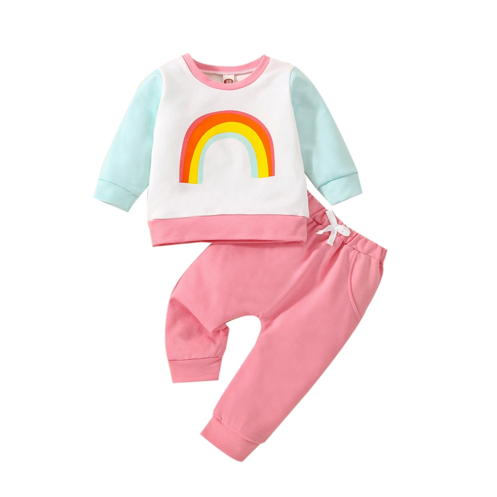 Kid Long Sleeve Round Neck Rainbow Print Shirt + Trousers for Girls 