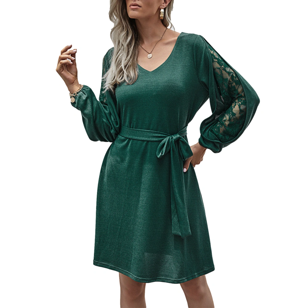 Solid Color Lace Stitching O-Neck Long Sleeve Dress with Waist Belt