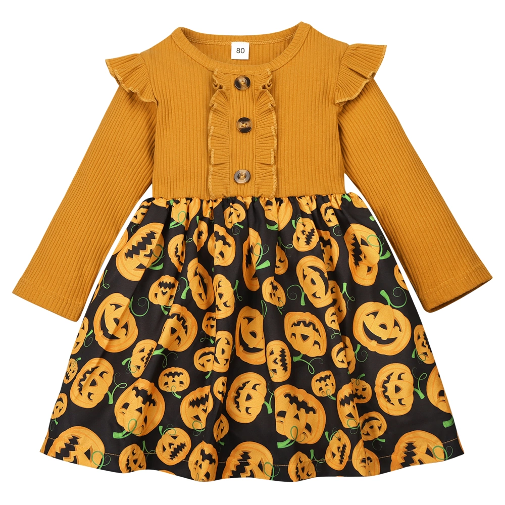 Girl Halloween Long Sleeve Ribbed Pumpkin Print Patchwork Dress