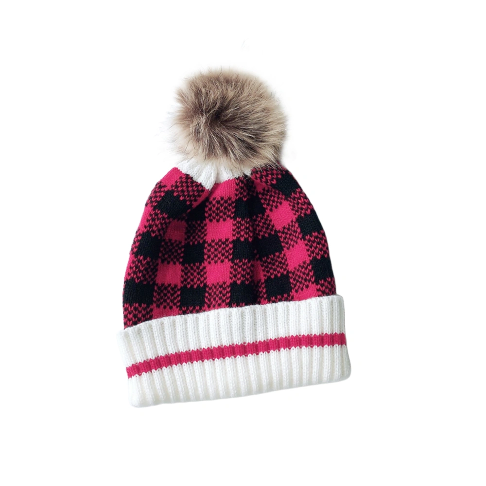 Beanie Cap with Detachable Plush Balls, Plaid Printing Chunky Hat