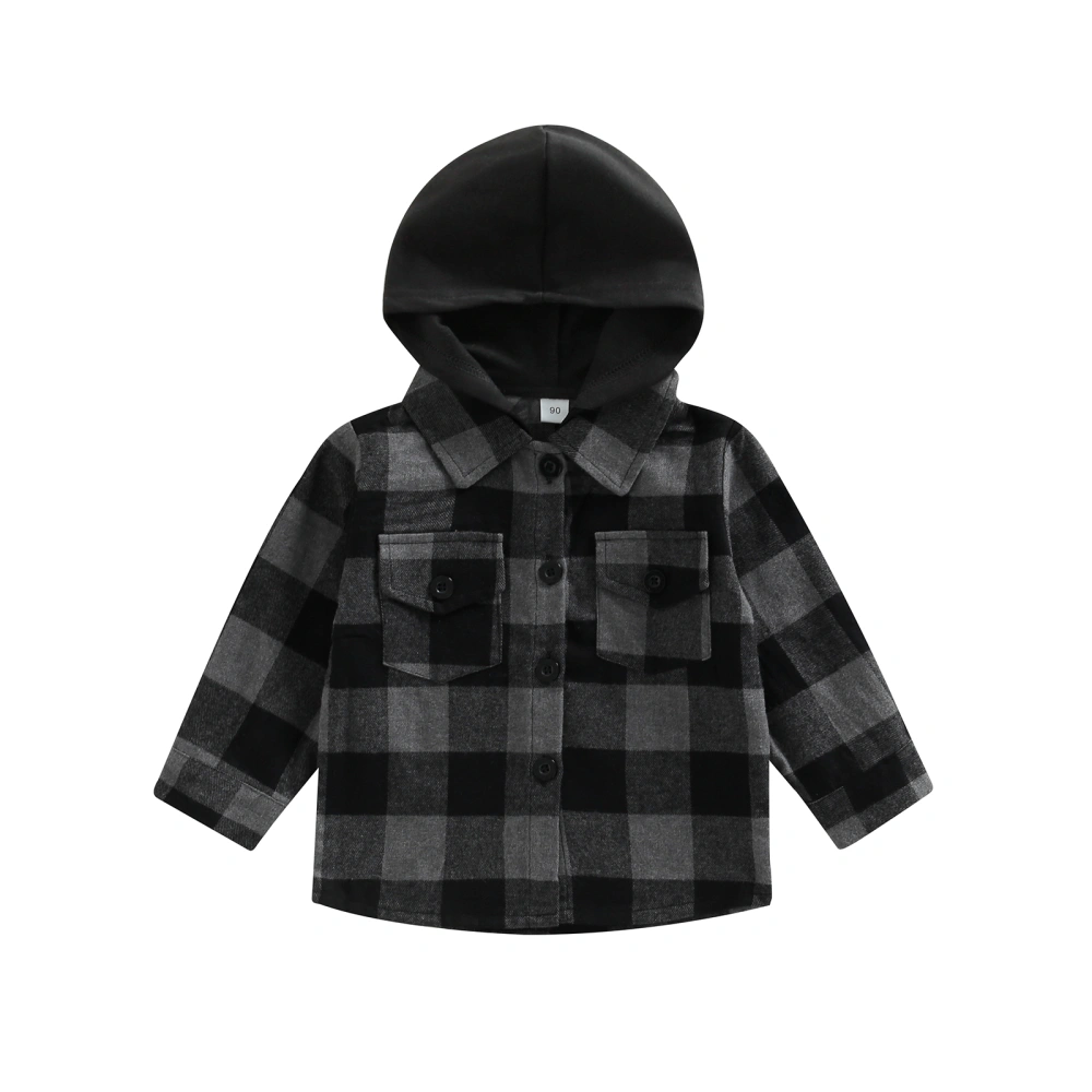 Boys Hooded Jacket Plaid Button Down Jackets with Breast Pockets