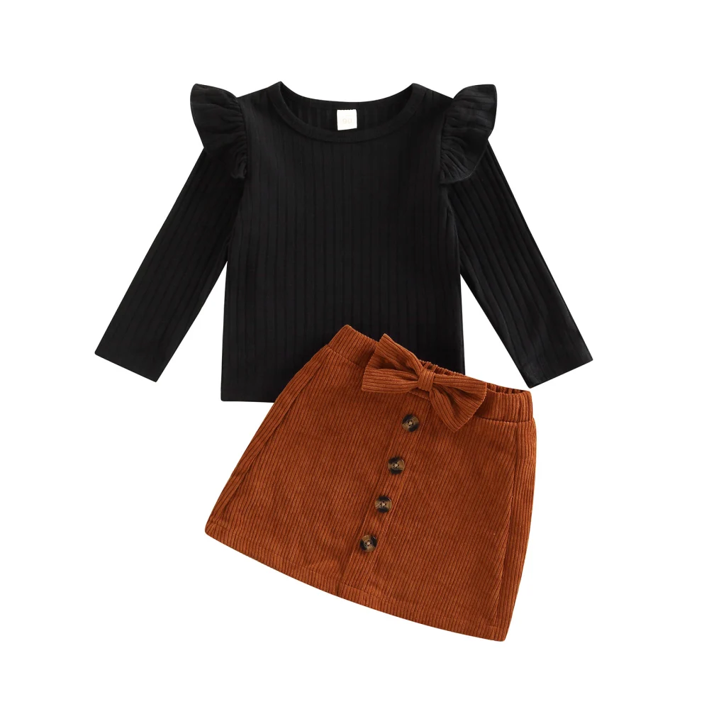 Solid Color Round Neck Long Sleeve Ruffle Ribbed Tops+ Bowknot Skirt