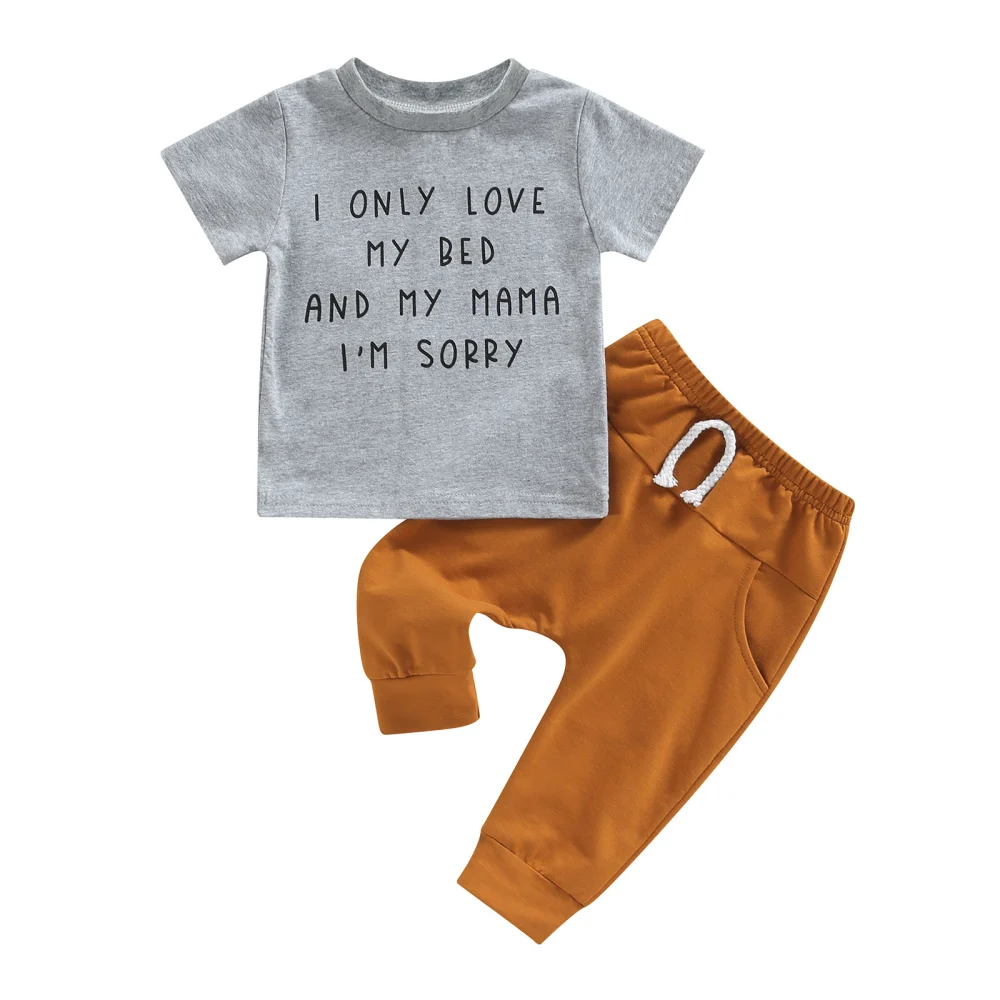 Baby Boys Pants Set, Short Sleeve Letters Print T-shirt + Sweatpants