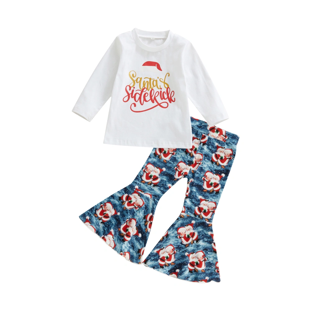 Girls Christmas Pants Set, T-shirt + Santa Claus Print Flare Pants