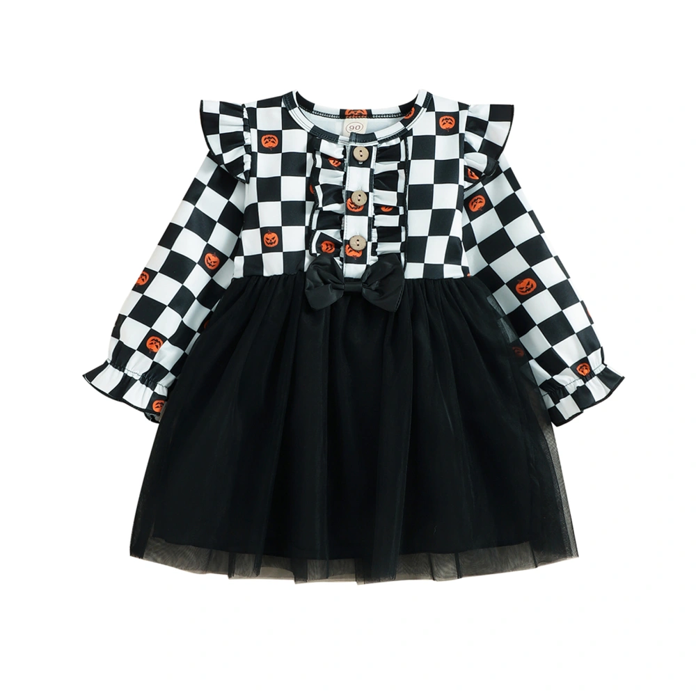 Kids Girl Dress Checkerboard Pumpkin Print Long Sleeves Mesh Dress