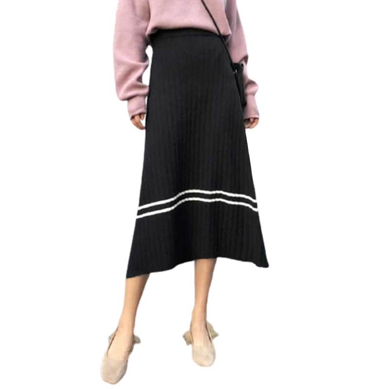 Women's Skirt, Contrast Color Stripe High Waist Knitted Midi Skirt