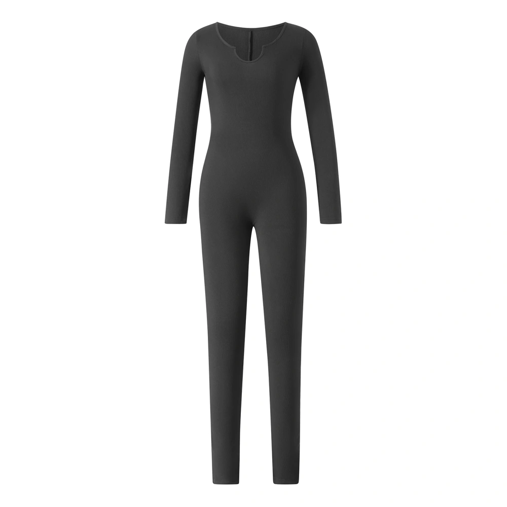 Women's Autumn Jumpsuit, Solid Ribbed Long Sleeve V-Neck Bodysuit