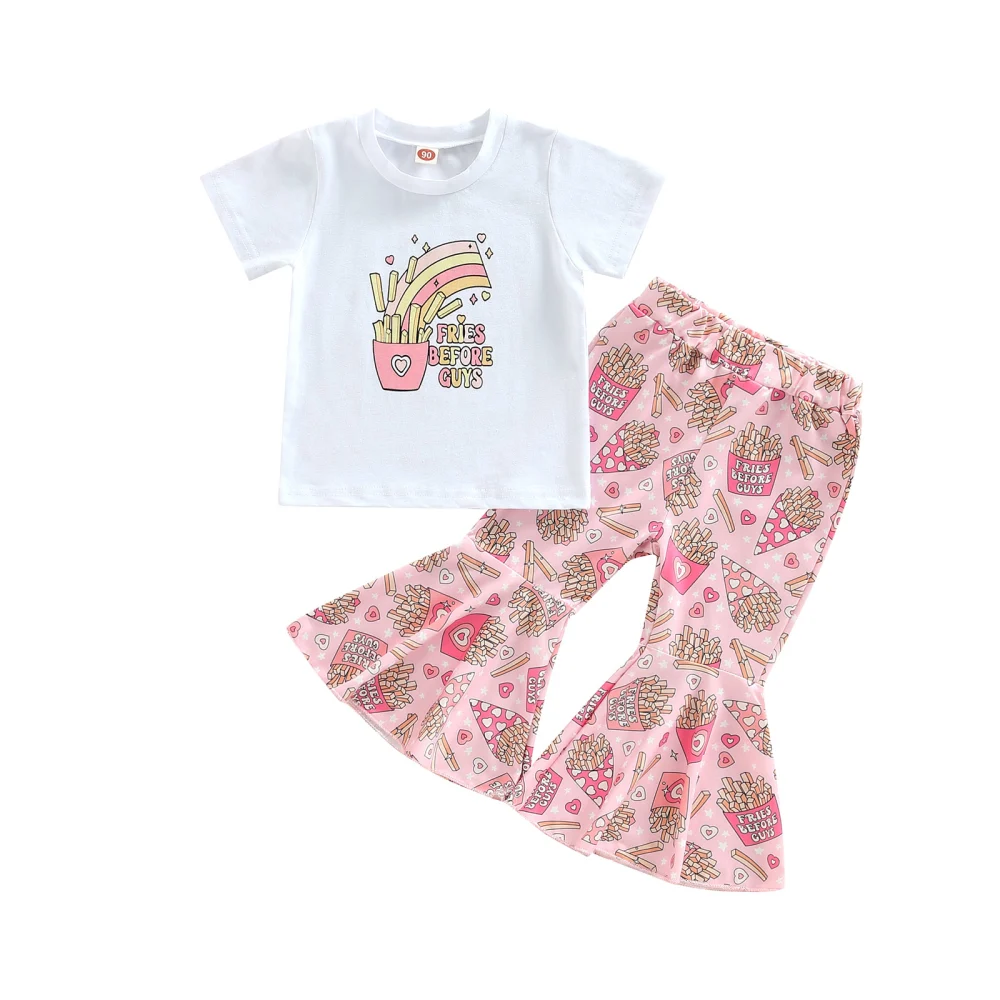 Kids Girl French Fries Print Tops + Long Loose Bell-Bottomed Pants 