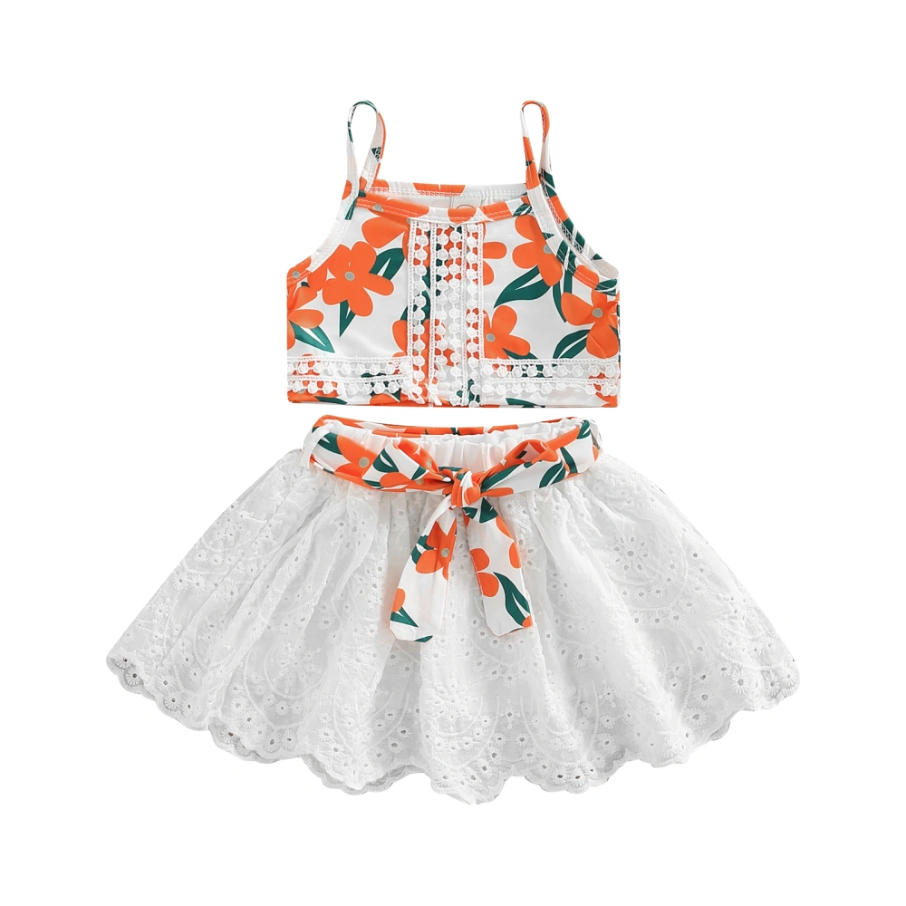 Baby Floral Print Patchwork Camisole + Hollow-out Skirt with Belt