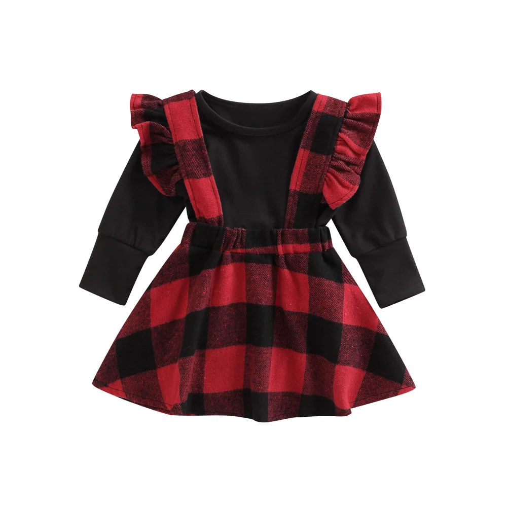 Girl's Christmas Skirt Set, Long Sleeve Tops + Plaid Suspender Skirt