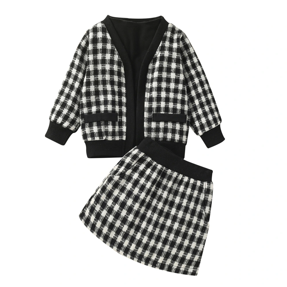 Girls Long Sleeve Coat + Black Tops + Houndstooth A-line Skirt