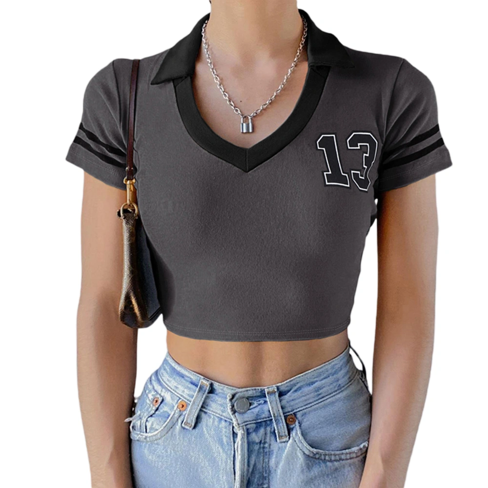 Women's T-shirt, Number Print Short Sleeve V-Neck Slim Cropped Tops