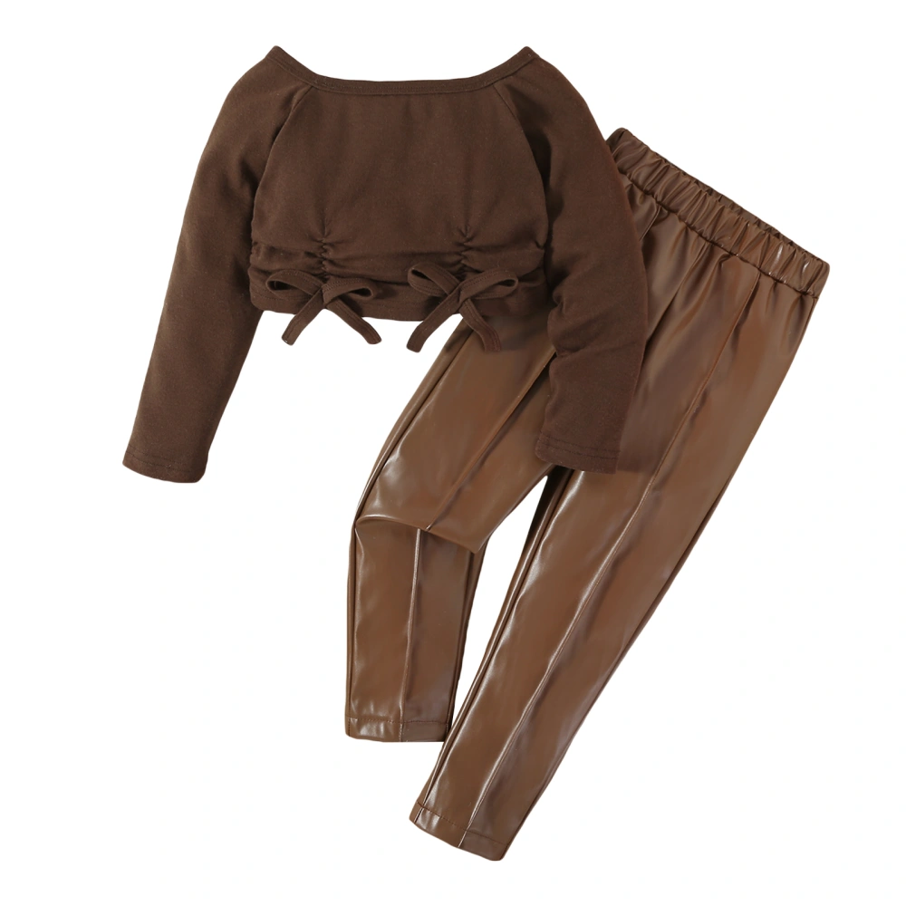 Kid Girls Fall Outfits, Bow Front Crop Tops + PU Leather Pants Set