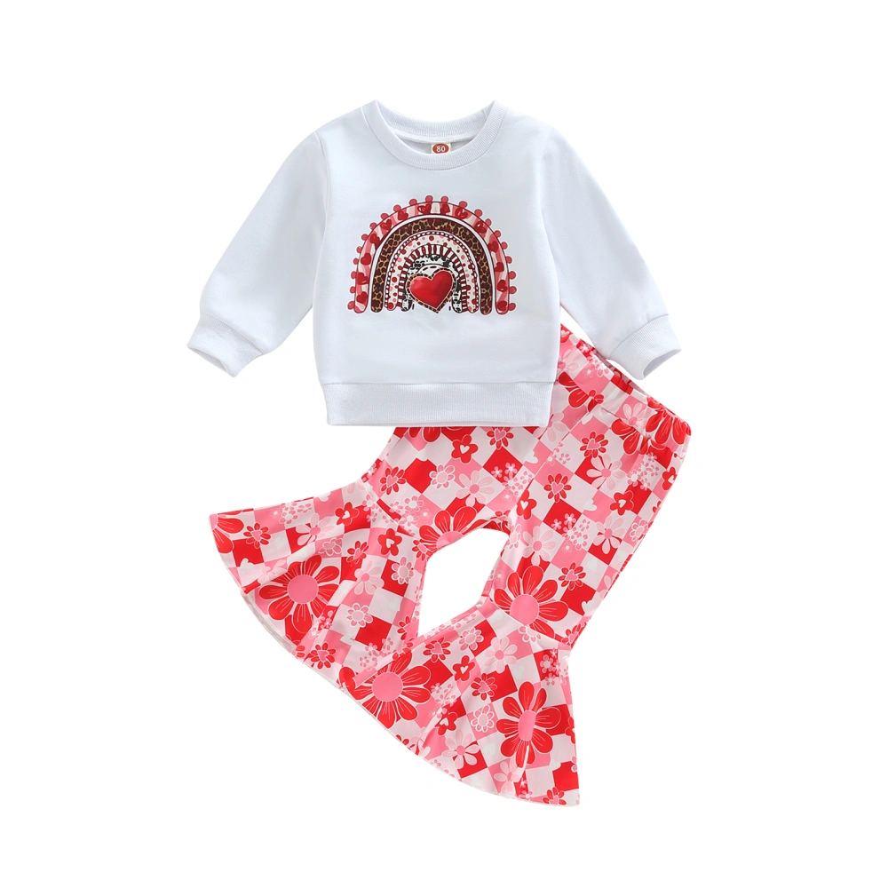 Girls Pants Set, Long Sleeve Sweatshirt + Heart/Flower Print Pants