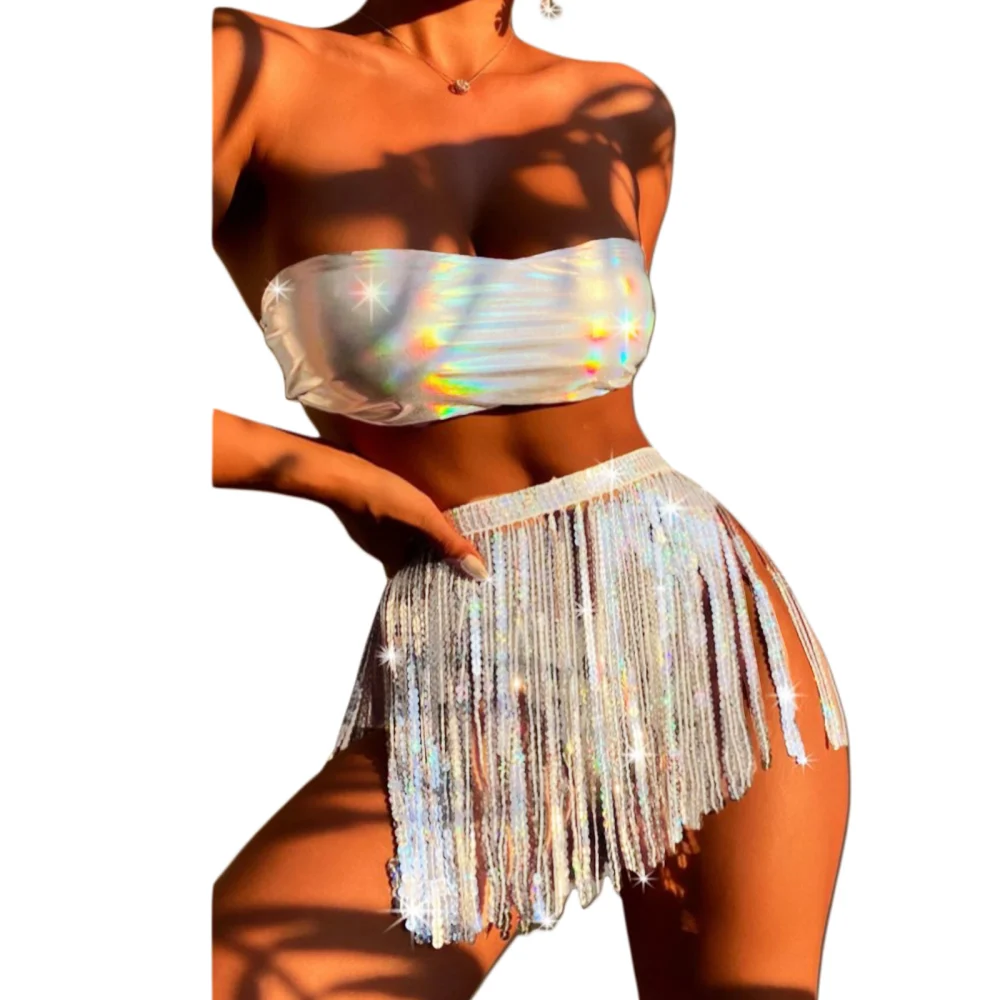 Women's Bandage Tube Tops and Sequin Tassel Skirt & Thong Bikini Set