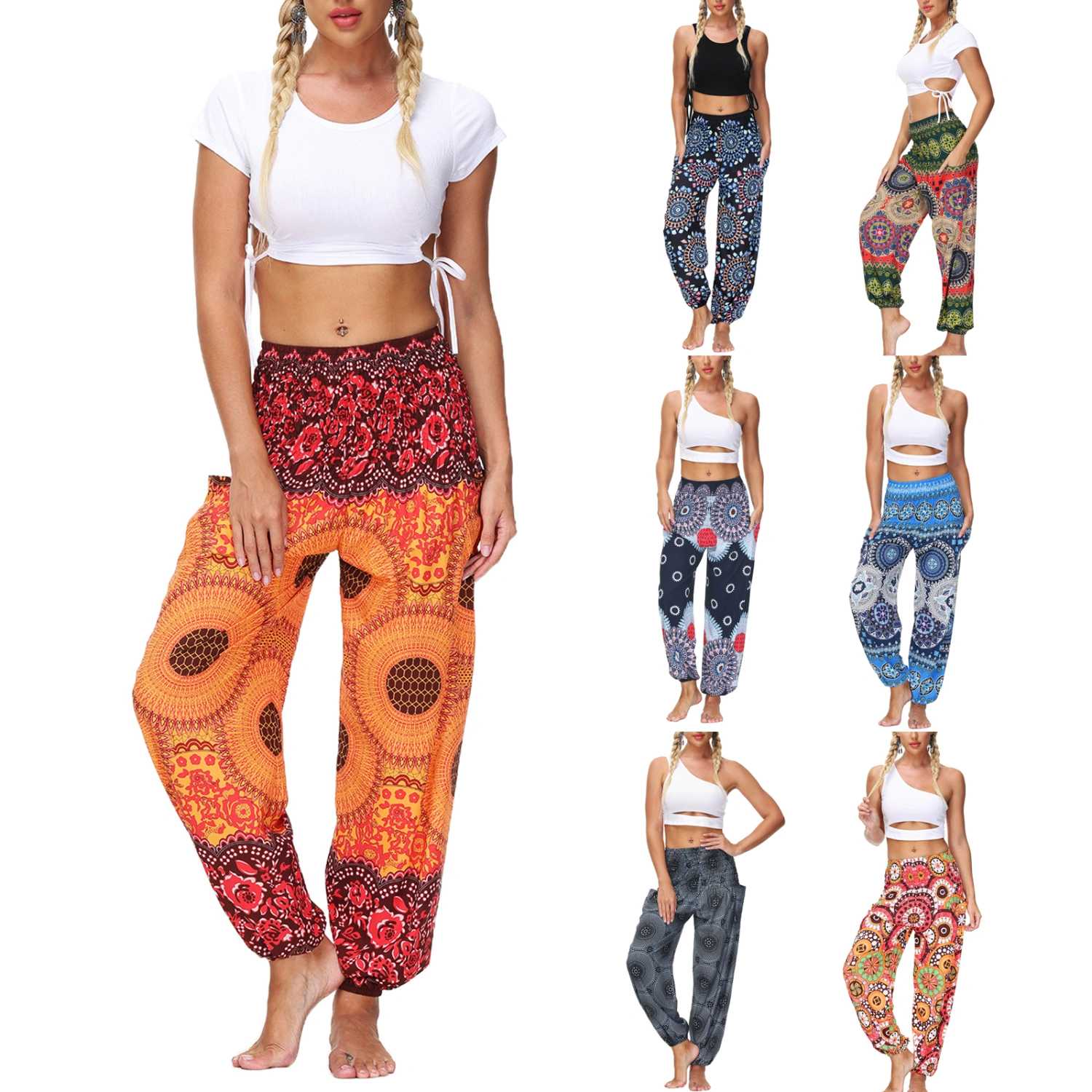 Women High Waist Yoga Trousers, Loose Fit Printed Lantern Long Pants