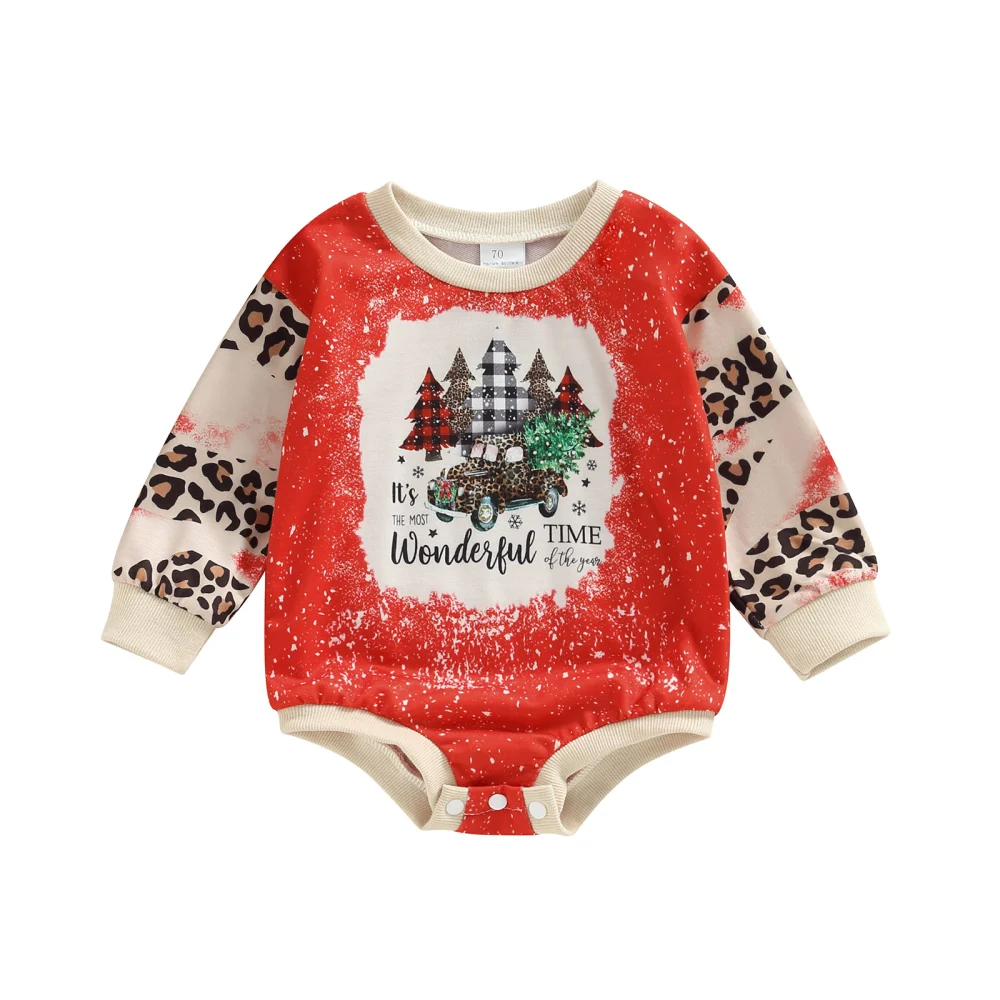 Baby Long Sleeve Leopard Christmas Tree Print Patchwork Playsuit