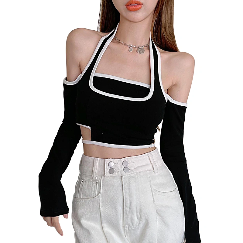 Female Crop Tops, Off Shoulder Long Sleeve Fake Two Pieces T-Shirt