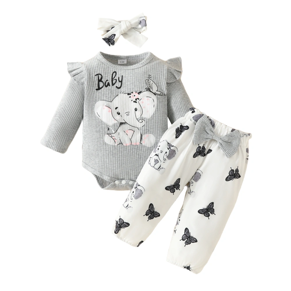 Baby Girl Fall Outfits Elephant Print Romper + Bow Pants + Headband