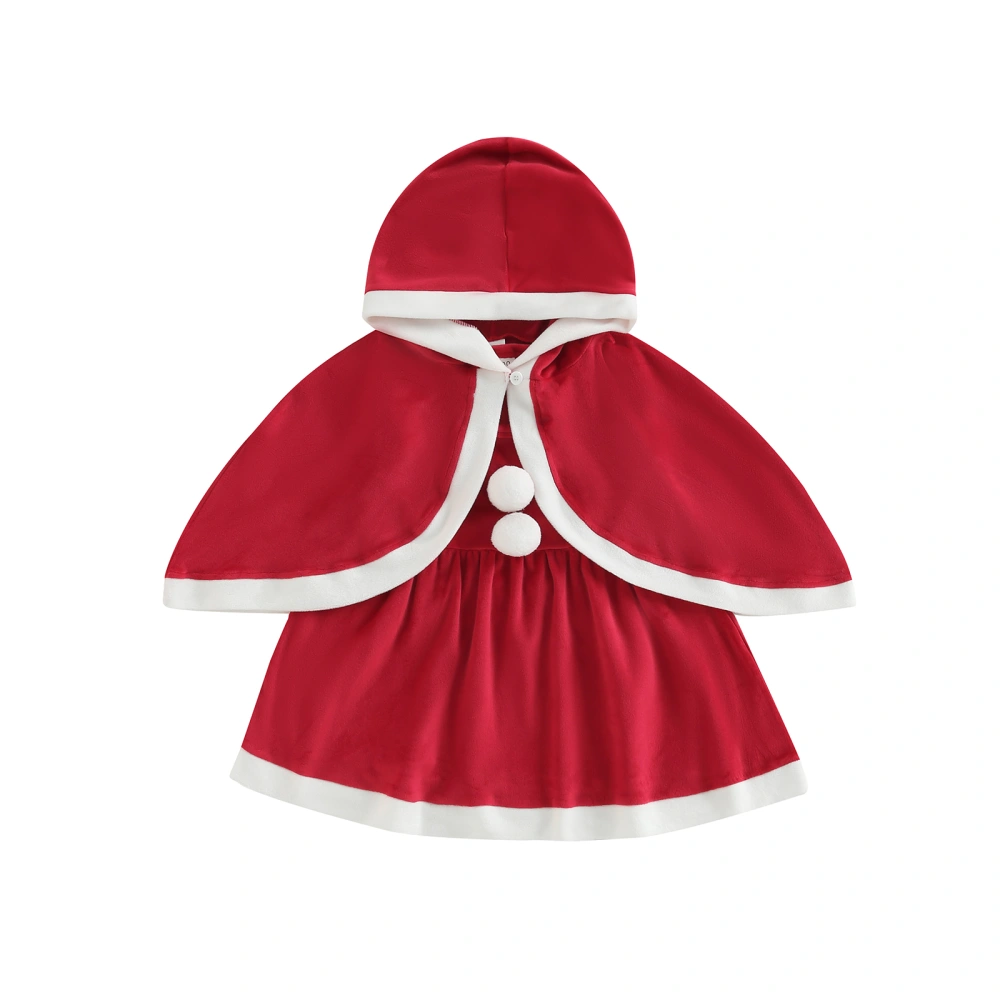 Girl Christmas Dress Princess Patchwork Bobbles Dress with Cloak