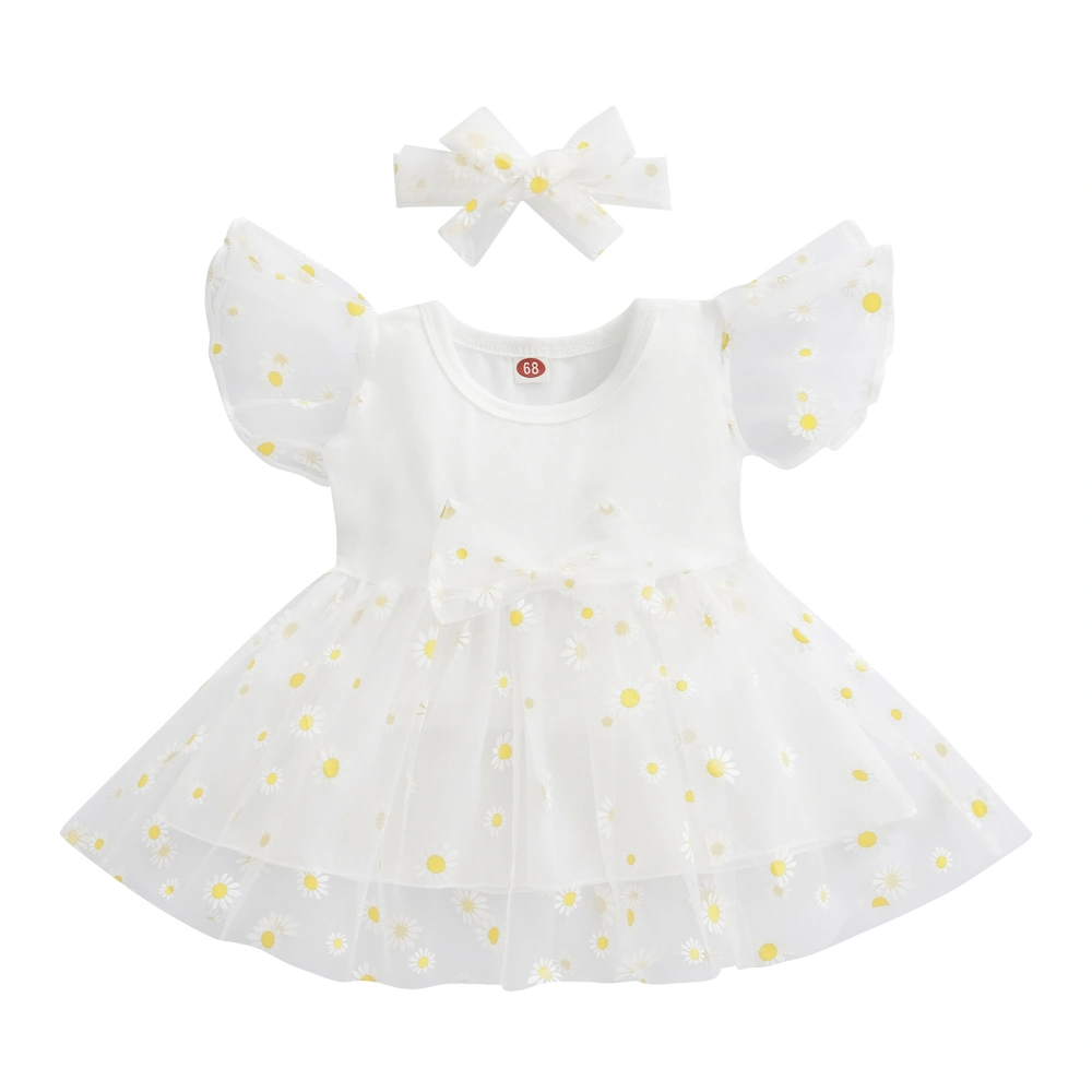 Baby Girl Princess Dress with Headband Sunflower Print Mesh Dress Set