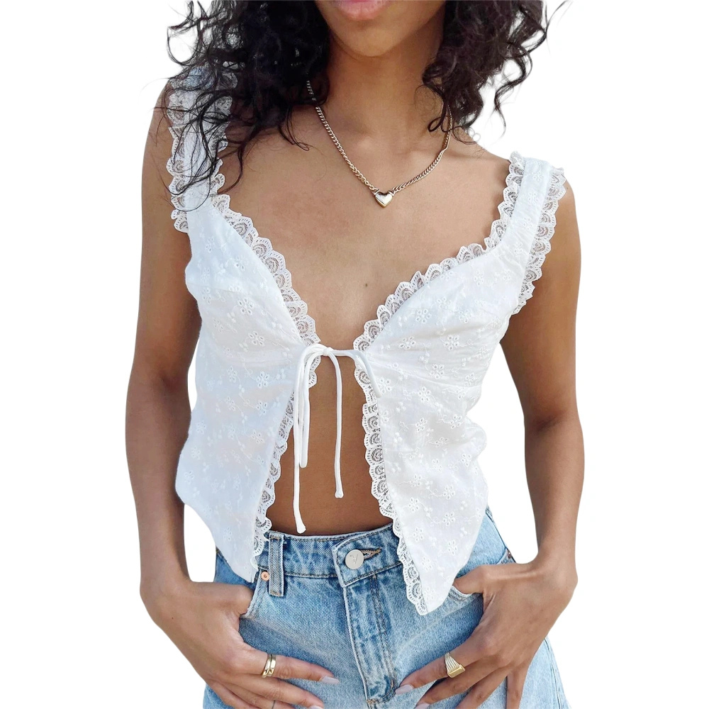 Women's Summer Tank Tops, Sleeveless Tie-up Front Eyelet Crop Tops