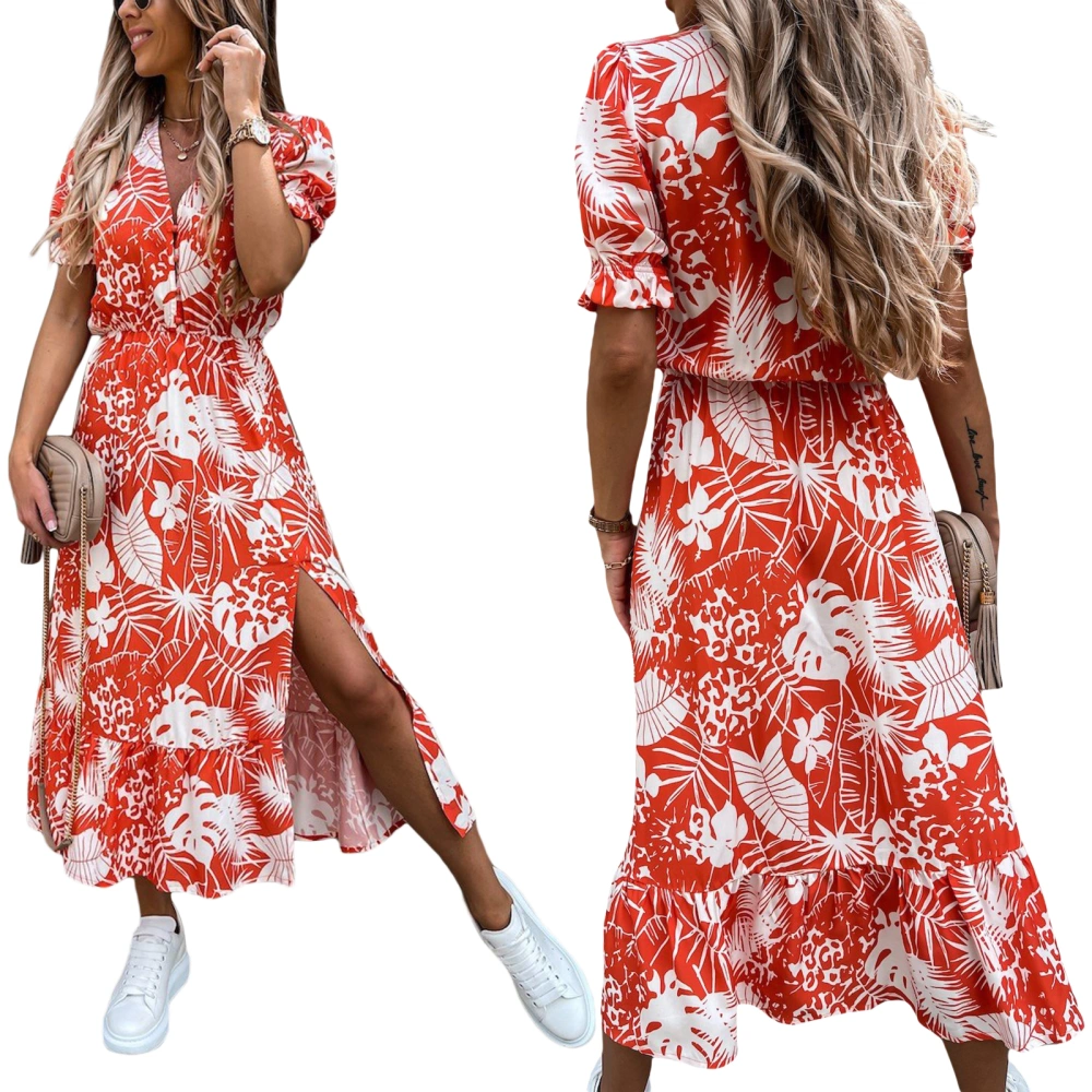 Women Casual Dress, Plant Print V-neck Short Sleeve Slit One-piece