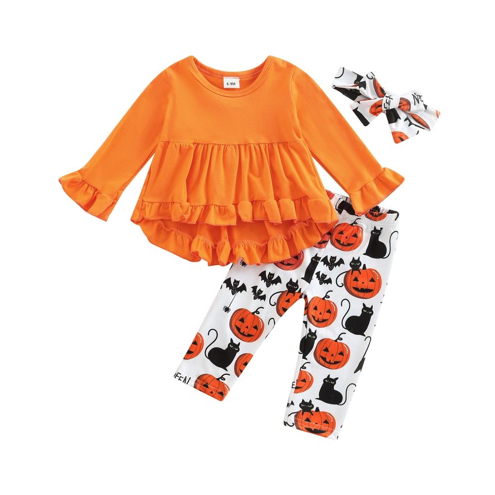 Infant 3 Pieces Outfits, Tops + Pumpkin Cat Bat Print Pant + Headband