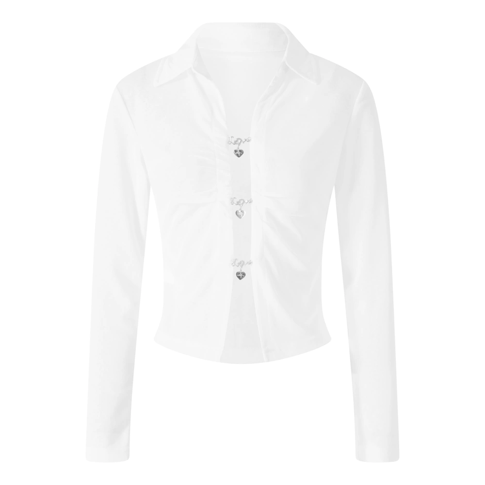 Women's Spring Solid Color Long Sleeve Lapel Heart Button Closure Blouse