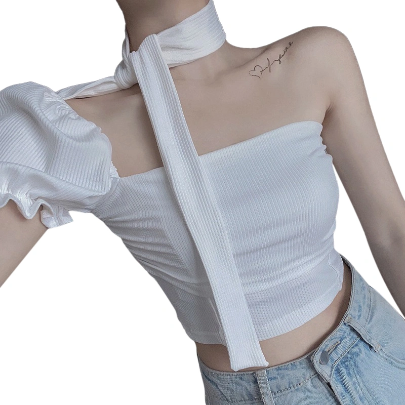 Women Short Shirt, Short Puff Sleeve One Shoulder Tie-Up Neck Crop Top