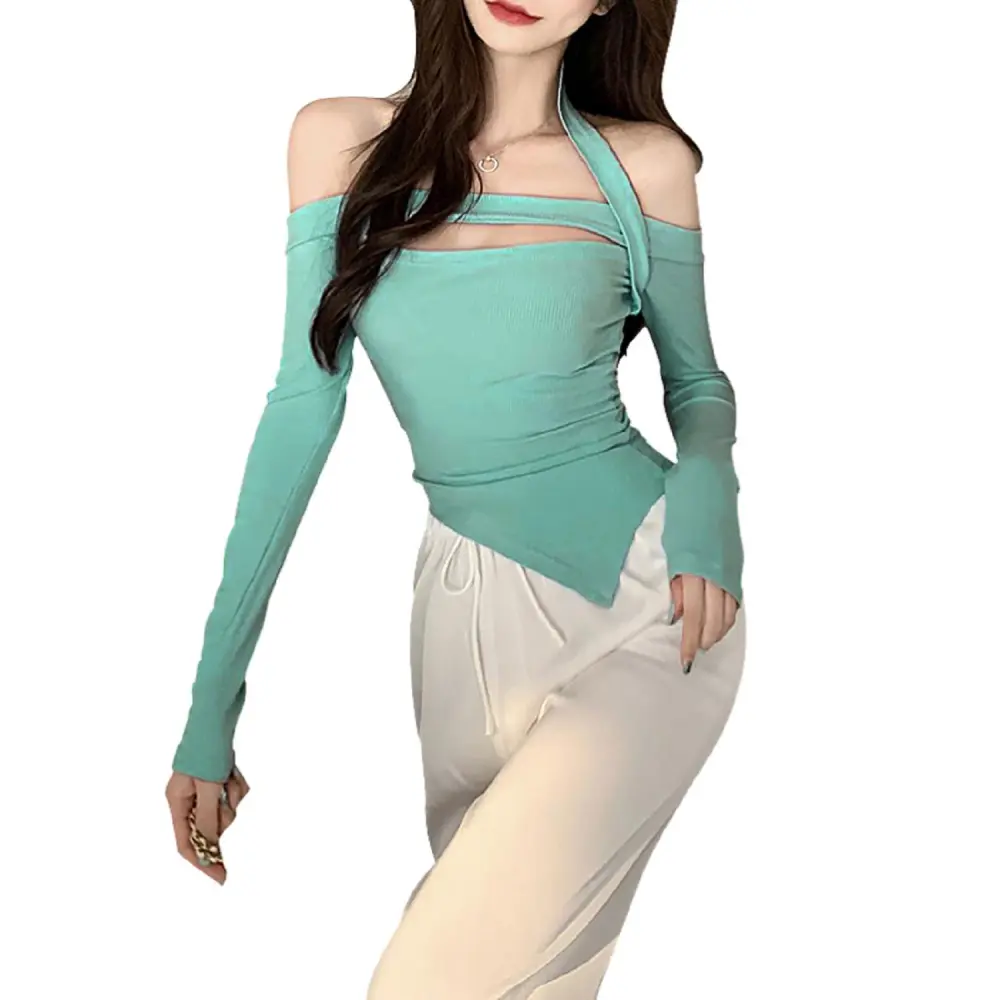 Ladies Off Shoulder Tops, Hanging Neck Long Sleeve Irregular T-shirt