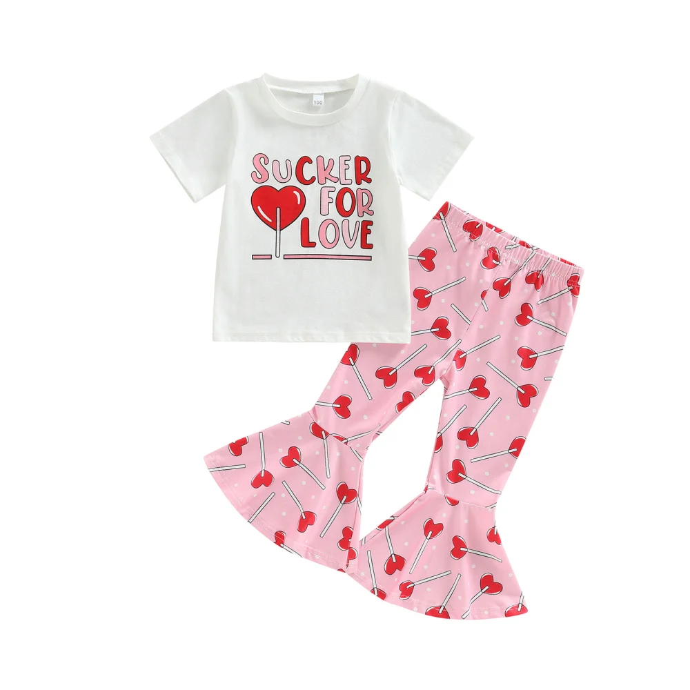 Girl Short Sleeve Round Neck T-Shirt + Love Lollipop Flare Pants