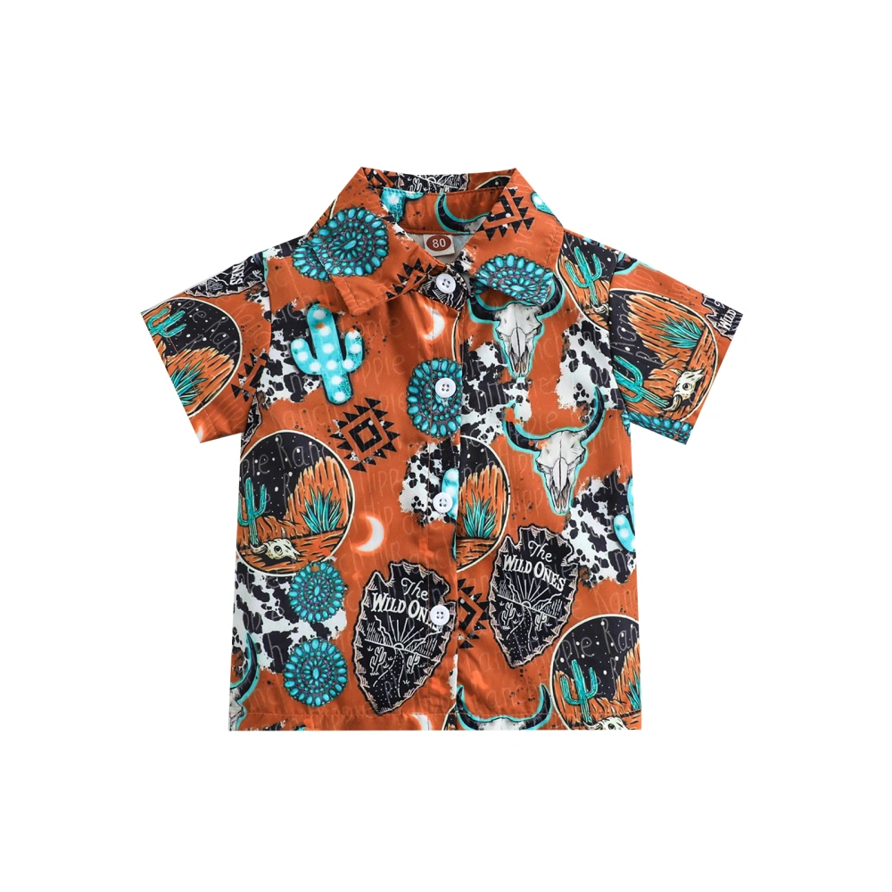 Baby Boys Button Up T-shirt Cow's Head Print Lapel Short Sleeve Tops