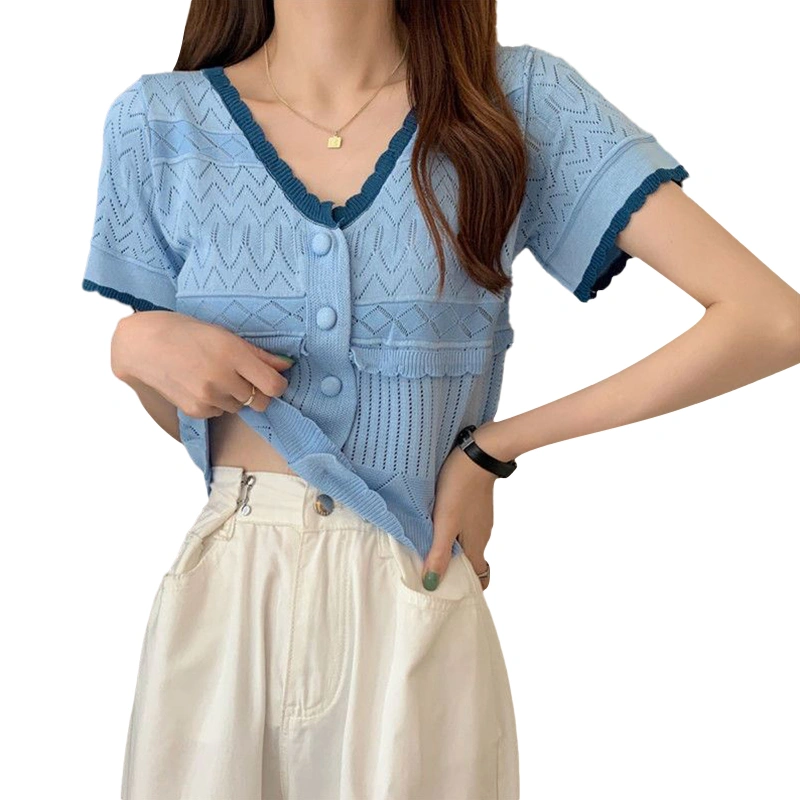 Women Knitted Cardigan Blouse V-neck Short Sleeves Short Tops