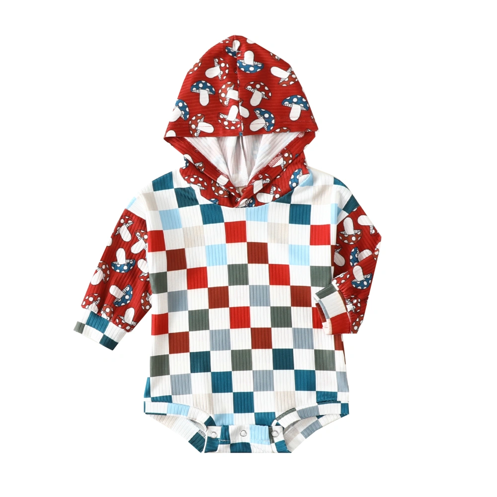 Baby Girls Long Sleeve Mushroom and Checkerboard Print Hooded Romper