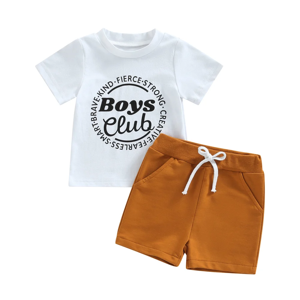 Boy Short Sleeve Round Neck Letter Print T-shirt + Solid Shorts