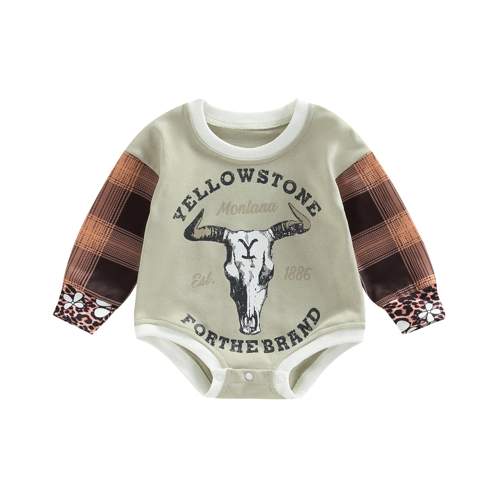 Baby Rompers Casual Letter Cow Head Print Plaid Long Sleeve Jumpsuit