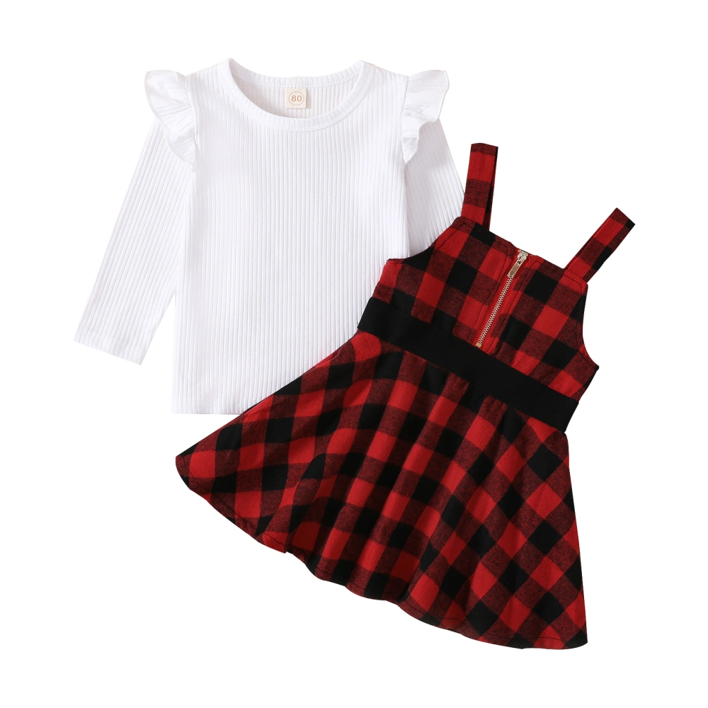 Girl Two Piece Outfit Set, Ribbed Shirt Plaid Pattern Suspender Skirt