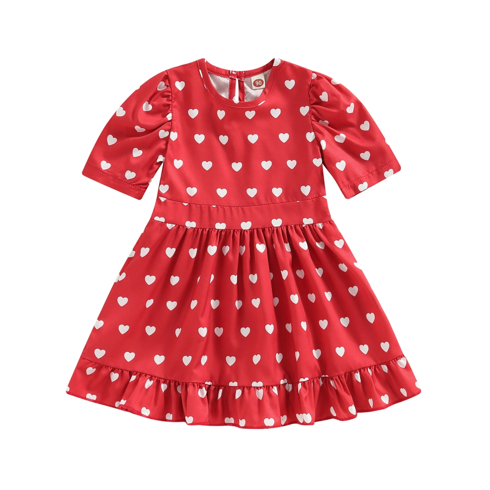 Kid Girl Short Sleeve Round Neck Ruffle Heart Print A-Lined Dress