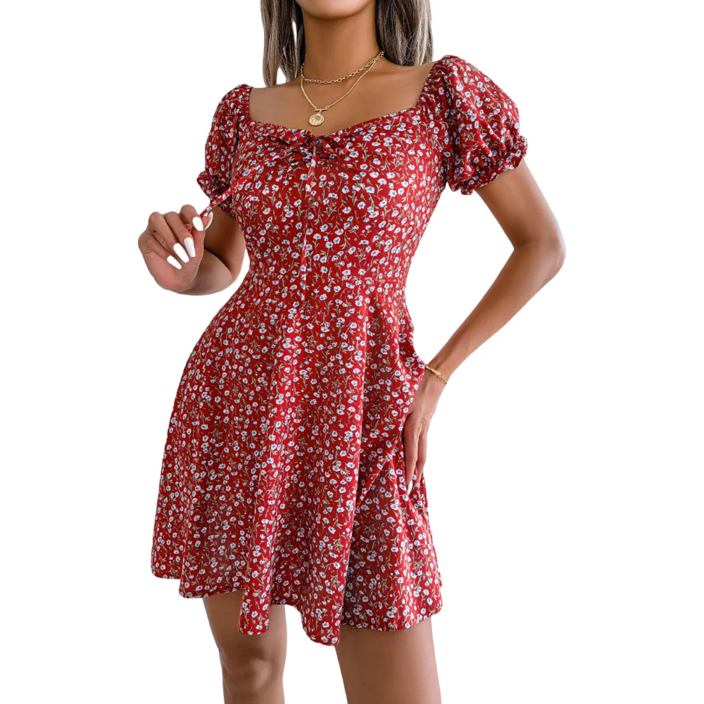 Women Floral Mini A-line Dress, Short Puff Sleeve Ruched Flowy Dress 