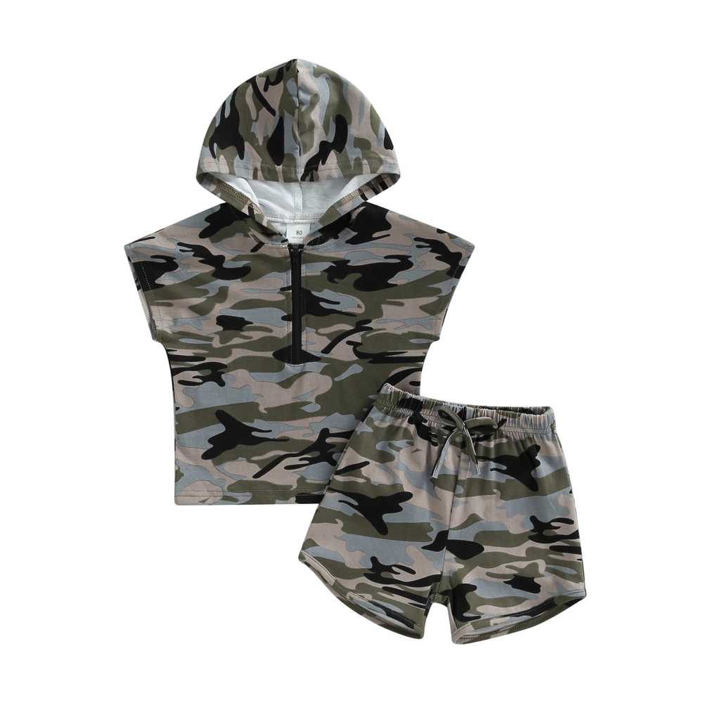 Sleeveless Hooded Camouflage Print Zip Pullover + Shorts with Bow