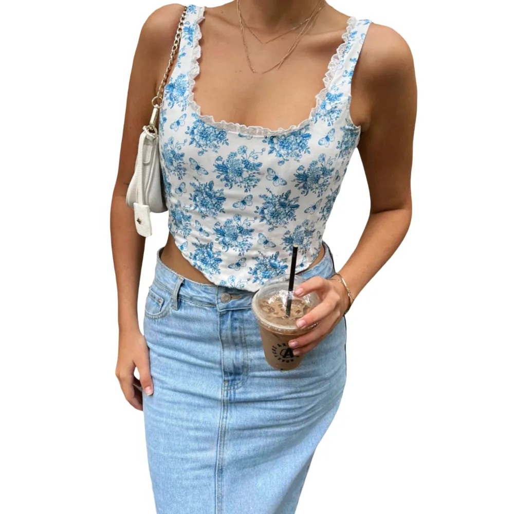 Women's Floral Tank Tops Sleeveless Square Neck Lace Trim Crop Tops