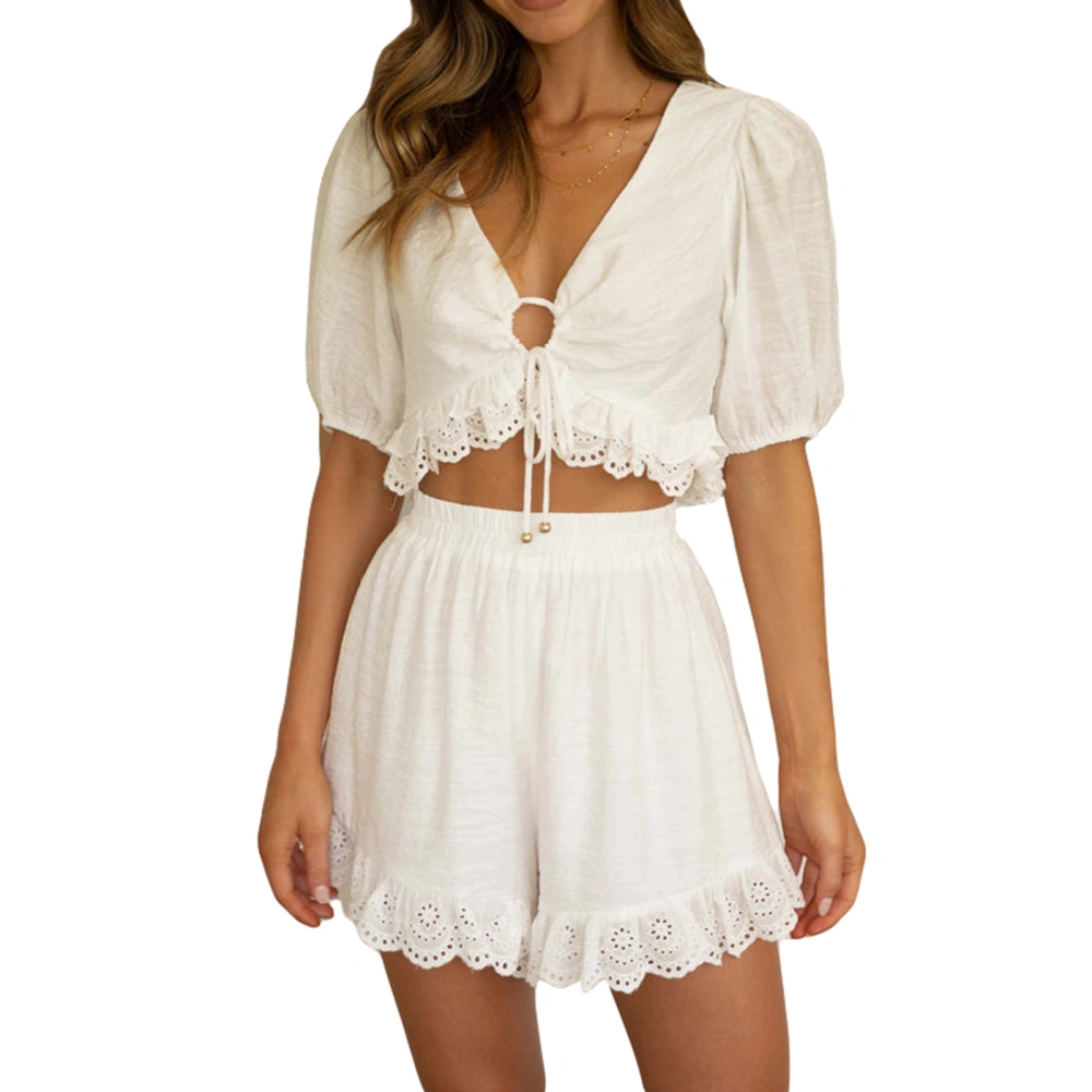 Women’s 2 Piece Outfits, Lace Hem Crop Tops + High Waist Shorts Set