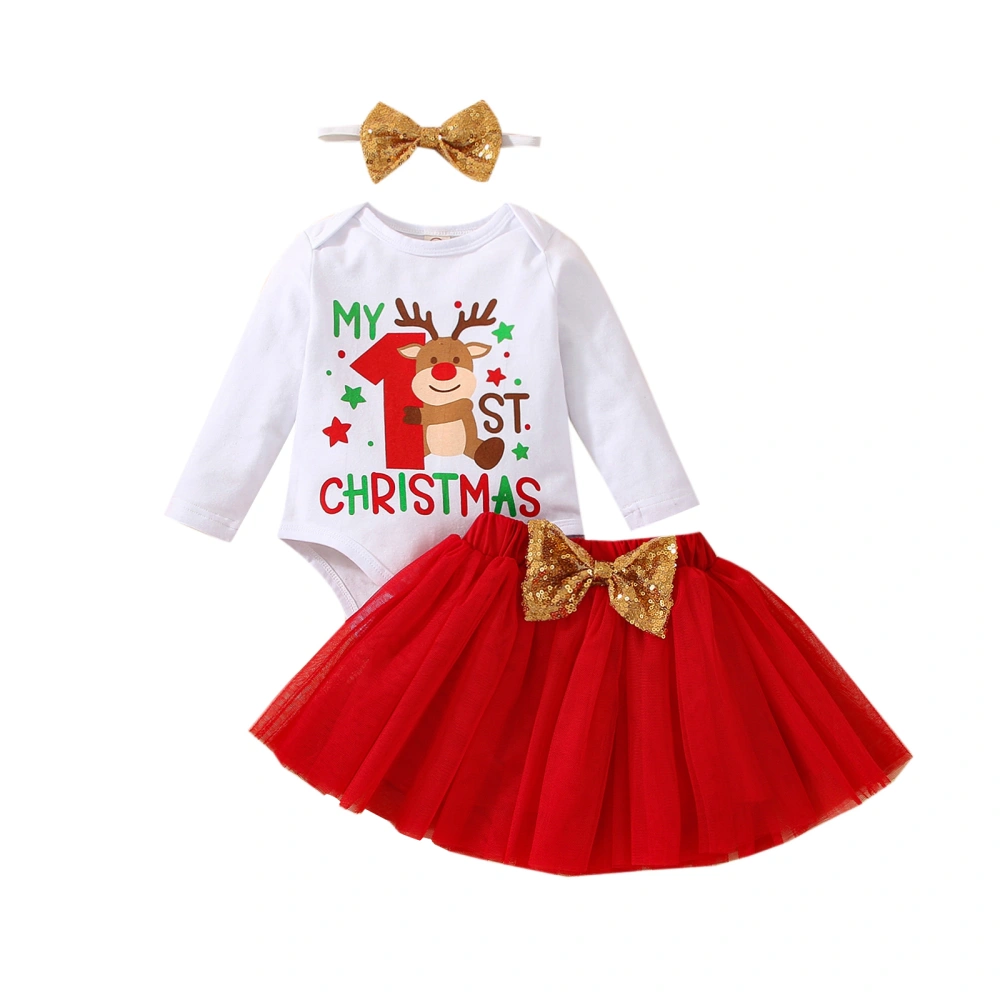 Girls Long Sleeve Elk Letter Print Romper + Tulle Skirt + Headband