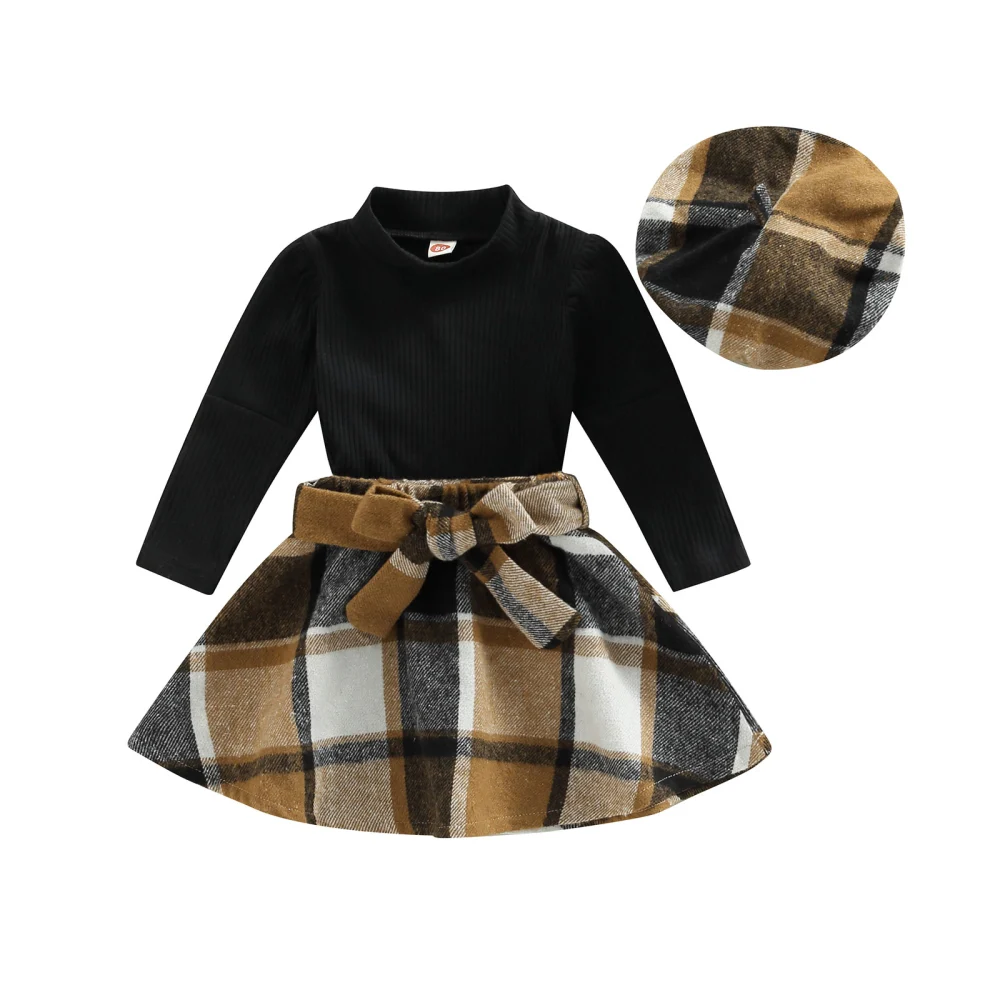 Girls 3Pcs Fall Outfits, Mock Neck Tops + Plaid Skirt + Beret Hat Set