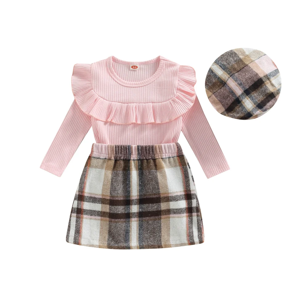 Toddler Girls Pink Long Sleeve Ruffle Tops + Plaid A-line Skirt + Hat